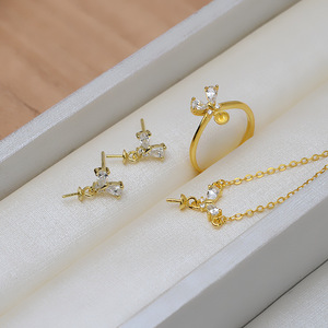 Conjunto de Joyería de Plata S925 con Diseño de Brotes de Hierba, Anillo Abierto, Aretes, Accesorios para DIY con Perlas, Base Vacía para Joyería, Conjunto de Joyería de Moda 1256 - Product Image 1