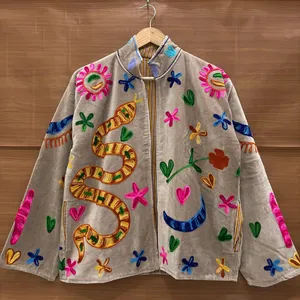 Luxury Khaki <b>Velvet</b> Embroidered Suzani <b>Jacket</b> With Snake Floral Pattern Full Sleeve Stand Collar Handmade Bohemian Winter Coat - Product Image 4