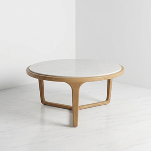 Table basse ronde en teck pour hall d'hôtel commercial, avec insert en pierre naturelle, table centrale pour villa de villégiature, mobilier de salon - Product Image 1