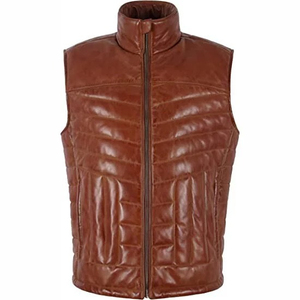 Gilet matelassé en cuir véritable pour homme, col montant, fermeture éclair, coupe-vent, décontracté, hiver, marron, protection UV - Product Image 6