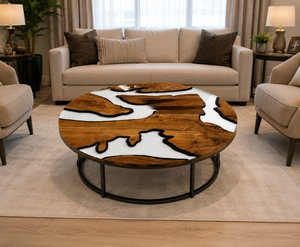 Custom Solid Wood White <b>Epoxy</b> Resin Round <b>Coffee</b> <b>Table</b> Luxury Designer Living Room Furniture - Product Image 3