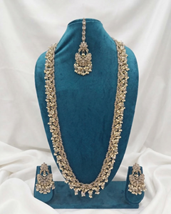 Crystal <b>Beaded</b> Long Necklace <b>Set</b> Kundan Work Traditional Indian Mala Antique Gold Plated Zircon Stones Gift Engagement Party - Product Image 6