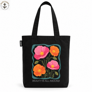Sac fourre-tout en toile à imprimé floral avec longues poignées de transport |   Sac à bandoulière botanique noir avec fleurs rose-orange pour tous les jours - Product Image 1