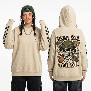 Sudadera con Capucha Rebel Soul Skateboard Skull para Mujer, Beige, 350GSM, Felpa de Algodón, Diseño a Cuadros en las Mangas, Estilo Urbano Holgado - Product Image 1