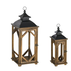 Farol moderno grande de madera marrón y metal negro con paneles de vidrio y asa colgante de acero inoxidable para decoración del hogar - Product Image 2