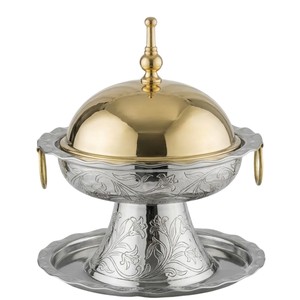 Factory Supply Silver And Gold Two-Tone Metal Date Bowl With <b>Lid</b> Arabic Khajoor <b>Pot</b> For Ramadan And Eid Decor Decorative Serving - Product Image 1