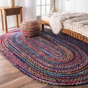 Tapis tressé bohème multicolore en patchwork, fils recyclés, fait main, à poils épais, rectangulaire, pour la décoration du salon - Product Image 5