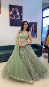 Green <b>Net</b> Lehenga Choli Embroidered Traditional Indian Pakistani Outfit Reversible Wedding Party Dress - Product Image 3
