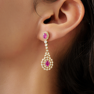 Latest Design Women's Trendy Wedding Gift Real K14 Yellow <b>Gold</b> Ruby & Diamond <b>Dangle</b> <b>Earrings</b> Precious Gemstone Jewelry Supplier - Product Image 4