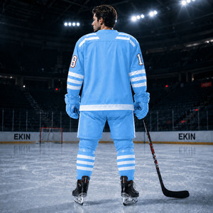 Maillot de hockey sur glace bleu ciel à manches longues, col en V, anti-humidité, vêtements de sport d'équipe, impression sublimée, adulte unisexe, coupe classique - Product Image 3