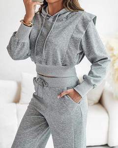 Custom Women <b>Velvet</b> <b>Tracksuit</b> Set Short Solid Oversized Hoodie Flared Pants Gray Casual Loungewear Sportswear Two Piece Winter - Product Image 2