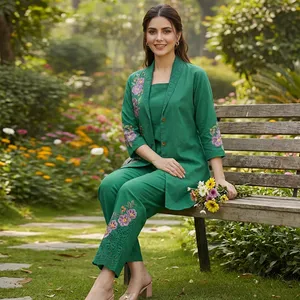Women's <b>Green</b> Embroidered Cotton 3-Piece Set Three Quarter Sleeve Floral Pattern Jacket <b>Cami</b> Trouser Set All Seasons Wear - Product Image 4