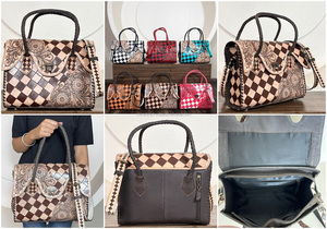 Bolso de Mano Personalizado Hecho a Mano con Cuero Vacuno Genuino, Patrón a Cuadros, Bolso Tote Floral, Bolso de Primera Calidad, Perfecto para Mujer - Product Image 3