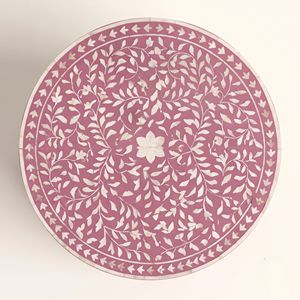Élégante table de chevet ronde rose nacré à un tiroir, mosaïque florale, faite à la main, avec incrustations, de luxe - Product Image 3