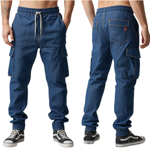 Pantalones Jogger Cargo de Mezclilla para Hombre, con Cintura Elástica y Cordón Ajustable, Estilo Jean Resistente, Pantalones Deportivos Casuales con Múltiples Bolsillos - Product Image 4