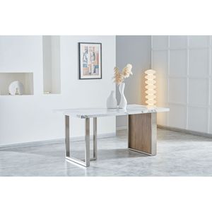 Elegante Tavolo da Pranzo di Lusso in MDF Effetto Marmo Noce, 6-8 Posti, Rettangolare 160x90x75 cm, Gambe in Acciaio Inox, Design Moderno - Product Image 2