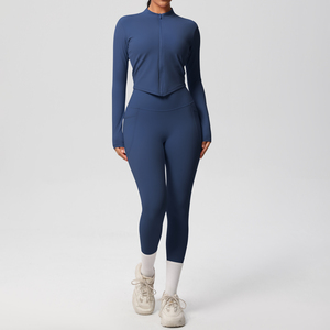 "Wholesale Women's Yoga Set Quick Dry Long Sleeve Zipper Top and <b>Leggings</b> <b>with</b> <b>Pockets</b> Gym Fitness Activewear OEM ODM" - Product Image 3