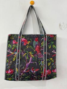 Sac fourre-tout en coton indien pour femme, matelassé, à motifs floraux bohèmes, imprimé en bloc, parfait pour l'été, l'hiver, la plage, sac vintage, sacs de shopping pour femmes - Product Image 2