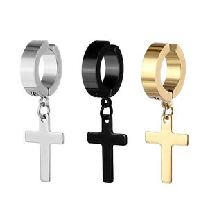 Cruz de acero inoxidable <span class=keywords><strong>sin</strong></span> agujeros para los oídos para hombres <span class=keywords><strong>sin</strong></span> clip de <span class=keywords><strong>oreja</strong></span> perforado Hip Hop Punk Ear Rings - Product Image 1
