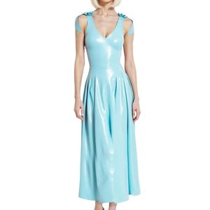 Light Blue PU Maxi Dress V-Neck Sleeveless A-Line Pleated Fitted Solid Color Party Wear Summer - Product Image 5