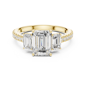Anillo de Compromiso de Oro Amarillo con Tres Diamantes Cultivados en Laboratorio con Corte Esmeralda, Piedras Laterales Pavé, Estilo Vintage, Joyería Fina para Mujer - Product Image 1