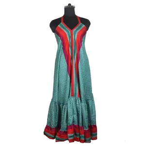 连衣裙女性穿波西米亚艺术丝绸连衣裙女性沙滩装印花自由尺寸女装纱丽/莎丽印度