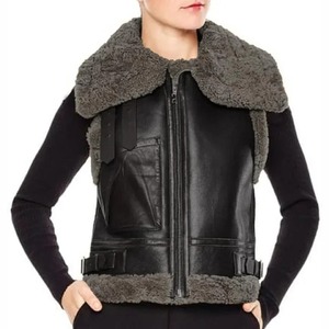 Chaleco de piel de oveja auténtica para mujer, estilo aviador B3, color negro, para invierno. - Product Image 1