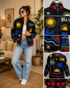 Black Velvet Mandarin Collar Jat With Sun Palm Embroidery Full Sleeve Zipper Closure Women's Summer Outerwear - Product Image 6