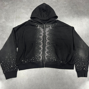 Sweat-shirt à capuche personnalisé avec strass pour homme, style streetwear oversize, fermeture éclair, noir - Product Image 1