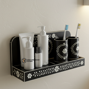 ชั้นวางของในห้องน้ำลายดอกไม้สีดำ ชั้นวางของตกแต่งผนังห้องน้ำทำจากไม้ พร้อมที่วางแปรงสีฟัน - Product Image 1