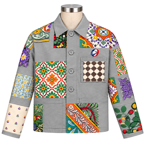 Chaqueta de Trabajo Personalizada con Mosaico Gris, Estampado Floral Artístico y Colorido, Cierre de Botones, Estilo Casual Urbano con Bolsillos Utilitarios - Product Image 1