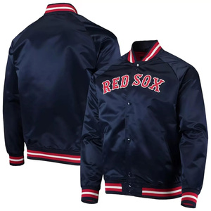 Chaqueta Universitaria Azul Marino Personalizada de Satén para Hombre, Chaqueta Bomber con Logotipo Rojo, Uniforme de Béisbol Letterman al por Mayor, Ropa Deportiva - Product Image 1