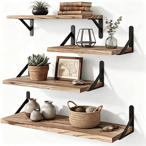 Set di 4 Mensole Galleggianti Rustiche in Legno di Paulownia da Parete con Staffe in Metallo Nero, Legno Bruciato per Lavabi - Product Image 1