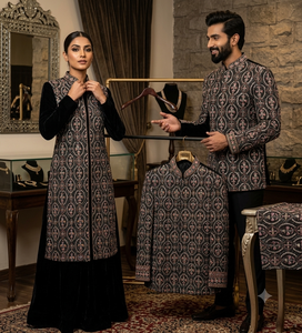 Tissu de base en velours noir tricoté à motif losanges, floral et à sequins pour veste ethnique, lehenga ou abaya pour femme - Product Image 3