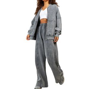 Ensemble de survêtement décontracté pour femme, hiver, en molleton bouclette délavé, coupe ample et évasée, à capuche, deux pièces, oversize, écoresponsable - Product Image 3