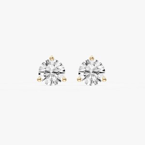Boucles d'oreilles clous en or 14 carats avec diamant de laboratoire de forme unique, taille brillant couleur D, certifiées IGI, à trois griffes, motif gardien - Product Image 1
