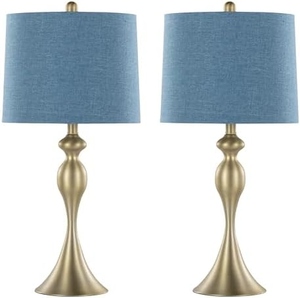 Ensemble de 2 lampes de chevet dorées au design moderne, abat-jour en tissu bleu clair, lampe de bureau élégante en métal, décoration de chambre à coucher - Product Image 1