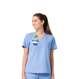 Haut de blouse médicale bleu clair à col en V pour femme avec poche avant, ensemble uniforme d'hôpital - Product Image 1