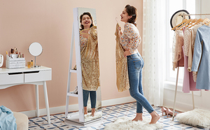 Miroir sur pied moderne en bois massif avec armoire de présentation de bijoux, design rotatif à 360 degrés verrouillable pour salon et chambre à coucher - Product Image 4