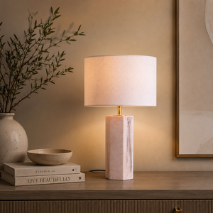 Lampe d'appoint moderne en marbre rose, avec un artisanat en pierre naturelle, silhouette hexagonale raffinée, abat-jour textile élégant - Product Image 1