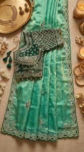 Prayosha Export Heavy Embroidered <b>Saree</b> Set Soft <b>Satin</b> Fabric Ready Made Blouse Lace Border Traditional Dress Wedding Party - Product Image 6