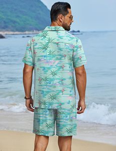 Ensemble homme, chemise à manches courtes et short assorti, imprimé feuilles tropicales, pour les vacances d'été, décontracté et coloré. - Product Image 4