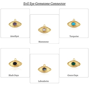 Componentes de joyería de latón macizo: Eslabones de pulsera con forma de ojo texturizados martillados en oro y ónix verde, y eslabones de pulsera con piedra ovalada. Ideales para regalos. - Product Image 6