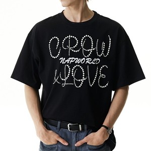 T-shirt d'été en coton épais avec lettres en strass et perles pour homme, col rond, coupe ample, manches courtes - Product Image 1