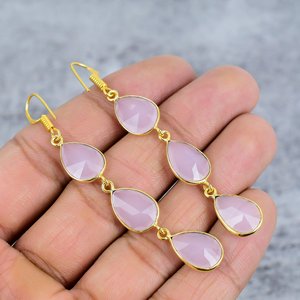 Rose Quartz Pear Shape Handmade Bezel Set 925 <b>Sterling</b> <b>Silver</b> Gold-Plated Trendy <b>Wire</b> Hook Earrings for Women - Product Image 1