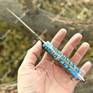Couteau à lame fixe en acier Damas fait main, pointe tombante, pour camping, chasse, pêche, dépecage, manche en résine de pin, OEM, faibles MOQ - Product Image 5
