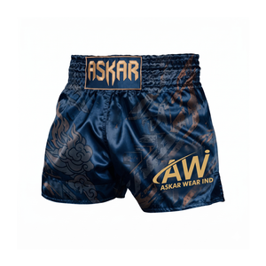 Shorts de boxe Askar vert avec ceinture dorée, sérigraphie, coupe ample, unisexe, 100 % polyester, légers, pour arts martiaux - Product Image 1