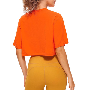 Women's Orange <b>Crop</b> <b>Top</b> Short Sleeve Crew Neck Loose Fit Solid Color Jersey Cotton Casual T-Shirt Spring Summer Wear - Product Image 4