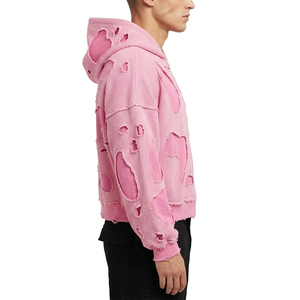Men High Street Distressed Cropped Hoodie Pink Double Layer Waffle Knit <b>Zip</b> <b>Up</b> Cow Print Patchwork Frayed Custom Streetwear - Product Image 3