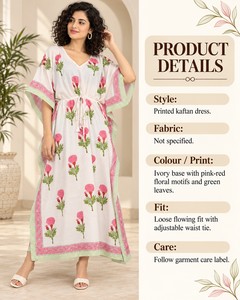Robe Kaftan Bohème à Imprimé Floral Rose pour Femmes, 100% Coton, Col en V, Maxi avec Bordure Verte, Ceinture à Nouer à la Taille, Respirante - Product Image 6